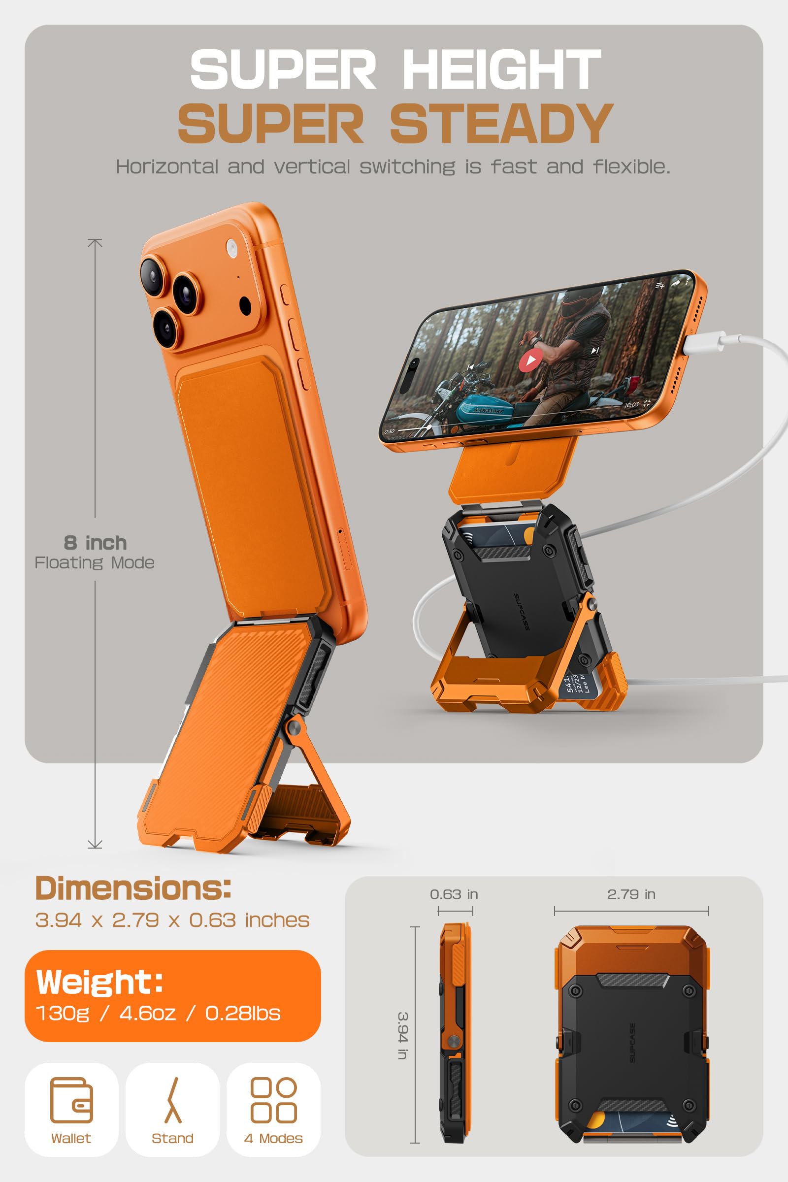 SUPCASE para MagSafe Cartera con Soporte Cartera Magnética para Hombre [Bloqueo RFID] [Capacidad para 5 Tarjetas] [Soporte Ajustable] Compatible con iPhone 17/16/15/14/13/12 Series (Orange)