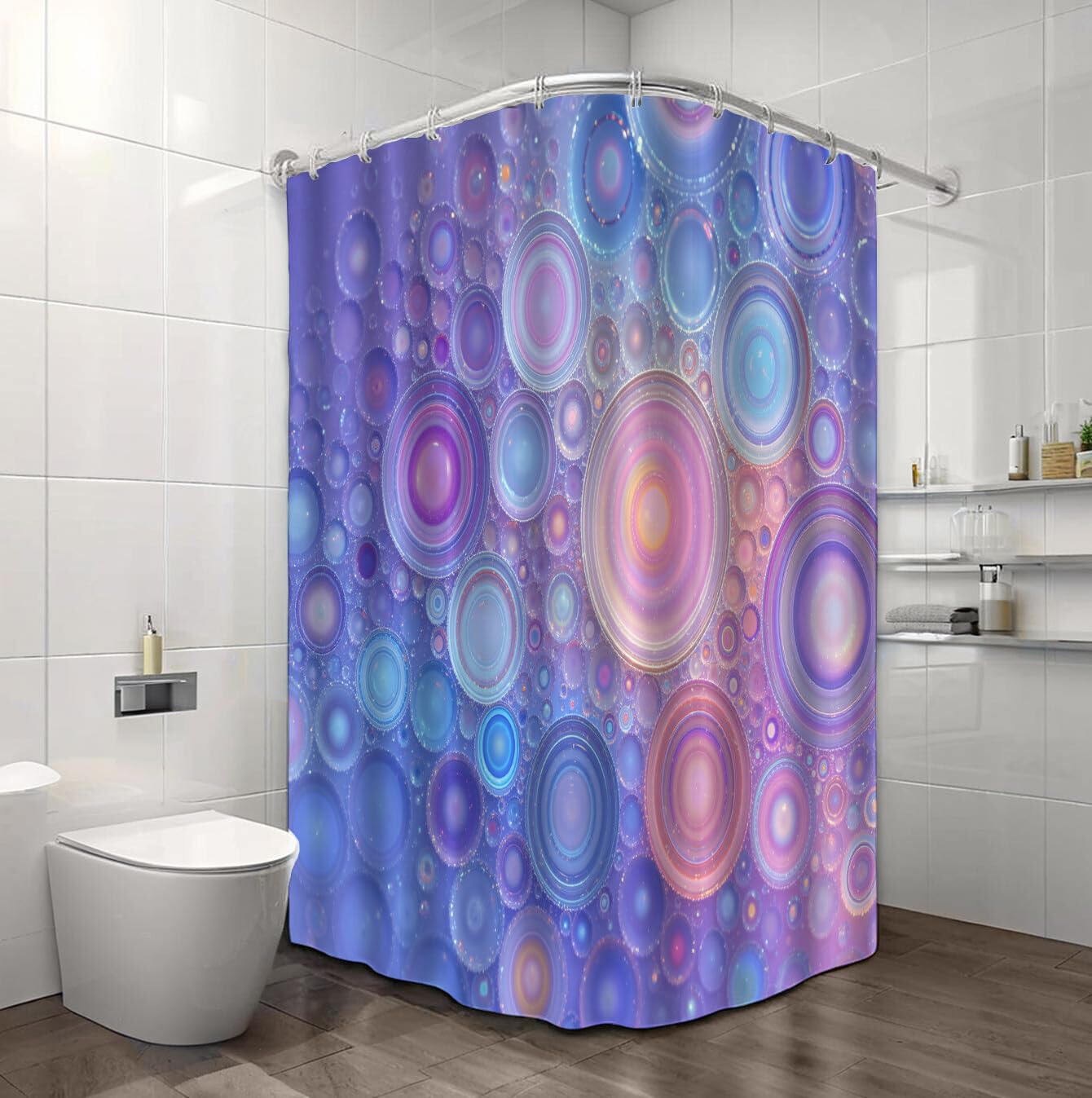 Rideau De Douche Cercle Dégradé Abstrait Moderne Tissu Imperméable Lavable avec Crochets Anti Moisissure en Polyester Rideau Douche pour Salle De Bain