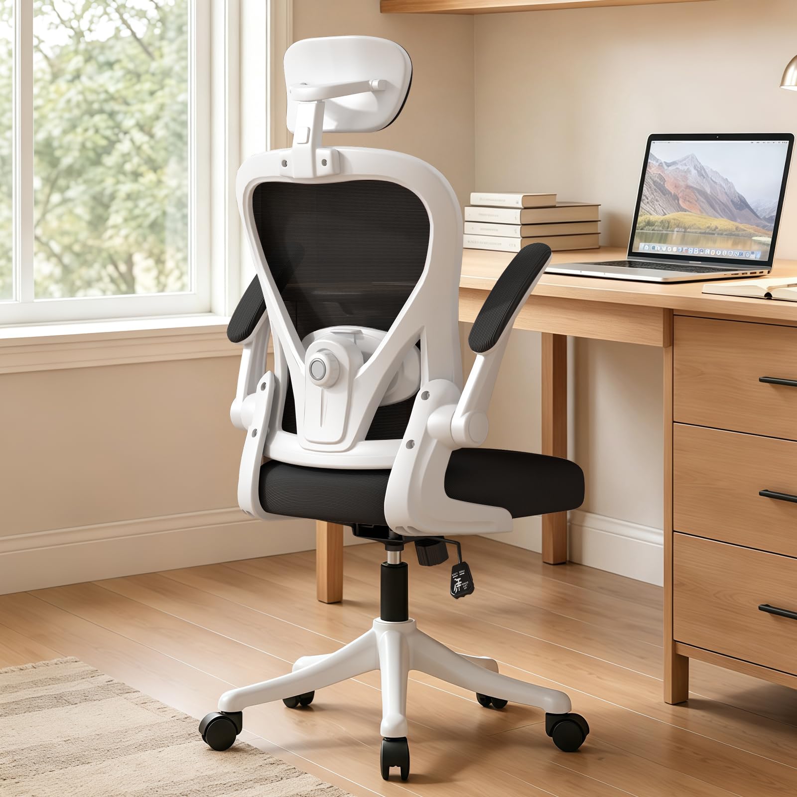 WXJHL Ergonomic Office Chair with Adjustable Lumbar Support, Desk Chair with Flip-Up Armrests & Headrest, Breathable Mesh Computer Chair for Home Office, Study & Gaming, Black and White