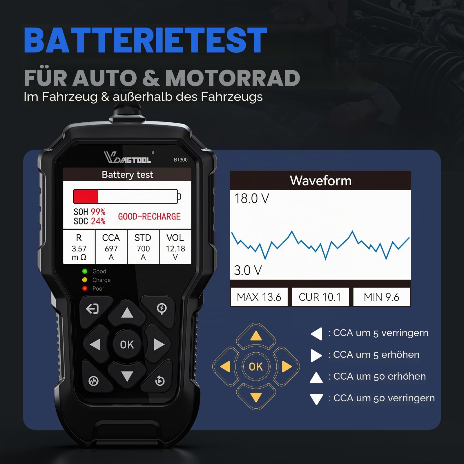 VDIAGTOOL BT300 Batterietester Kfz 6V-12V, 5-3000 CCA Batterie Tester Auto, Anlasser Lichtmaschine Batterie Messgerät, Batteriewächter Charging Kurbelsystem für Auto LKW Motorrad SUV ATV Boot