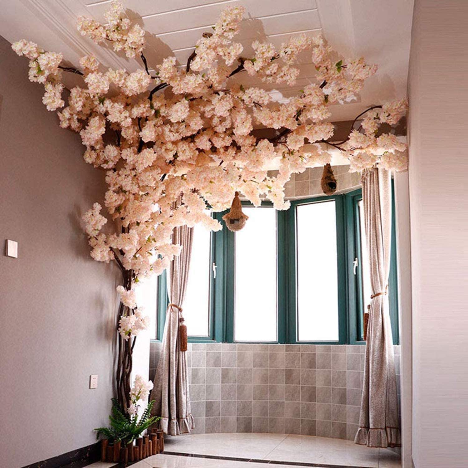 DECAKE Artificial Cherry Blossom Tree Sakura Tree Decor Cherry Blossom Vines with 30 Branches Cherry Blossom 4 Tree Vine, Champagne Japanese Cherry Blossom Decor for Indoor