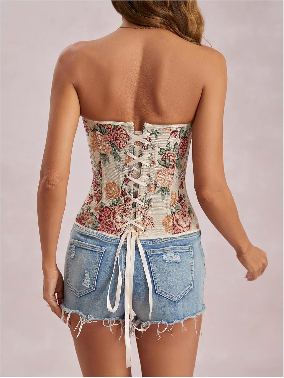 MakeMeChic Women's Floral Strapless Corset Top Vintage Lace Up Bustier Going Out Top - Image 4