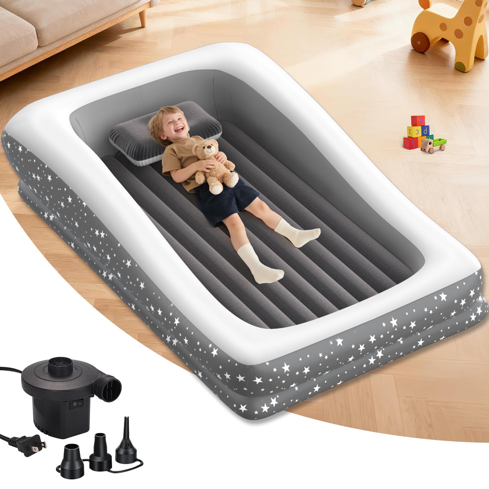 Inflatable Toddler Travel Bed - Grey Soft Toddler air Mattress with Bumpers for Easy to Inflate & Deflate - Portable Blow up Toddler Bed Travel with Sides for Trip Sleeping