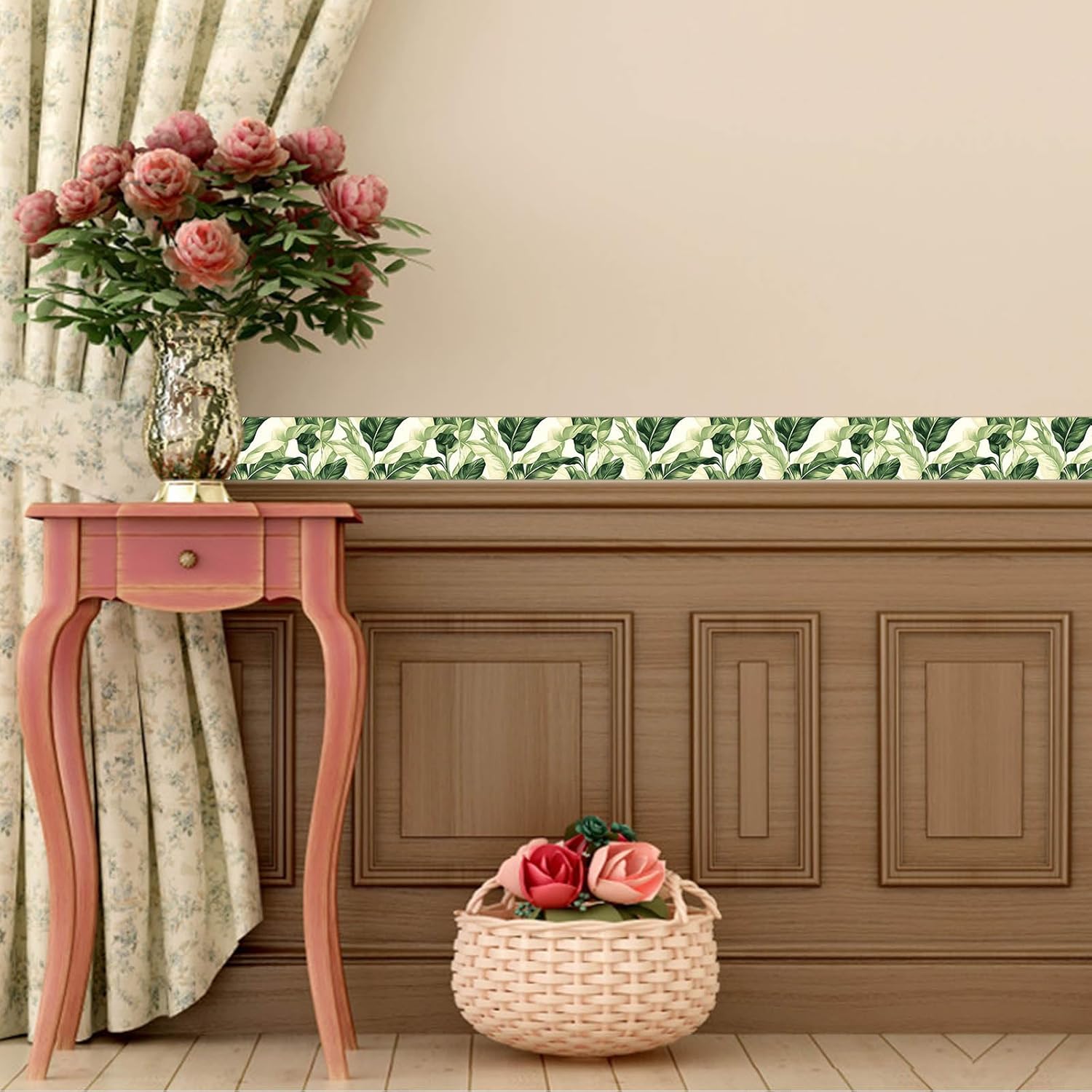 IVN Wallpaper Border Peel and Stick Decorative Wall Trim Self Adhesive Green Leaf Accent Strip for Bathroom Laundry Room Pool Area Mirror Frame Shelf Wall Edge 4x196 Inch Nature Design