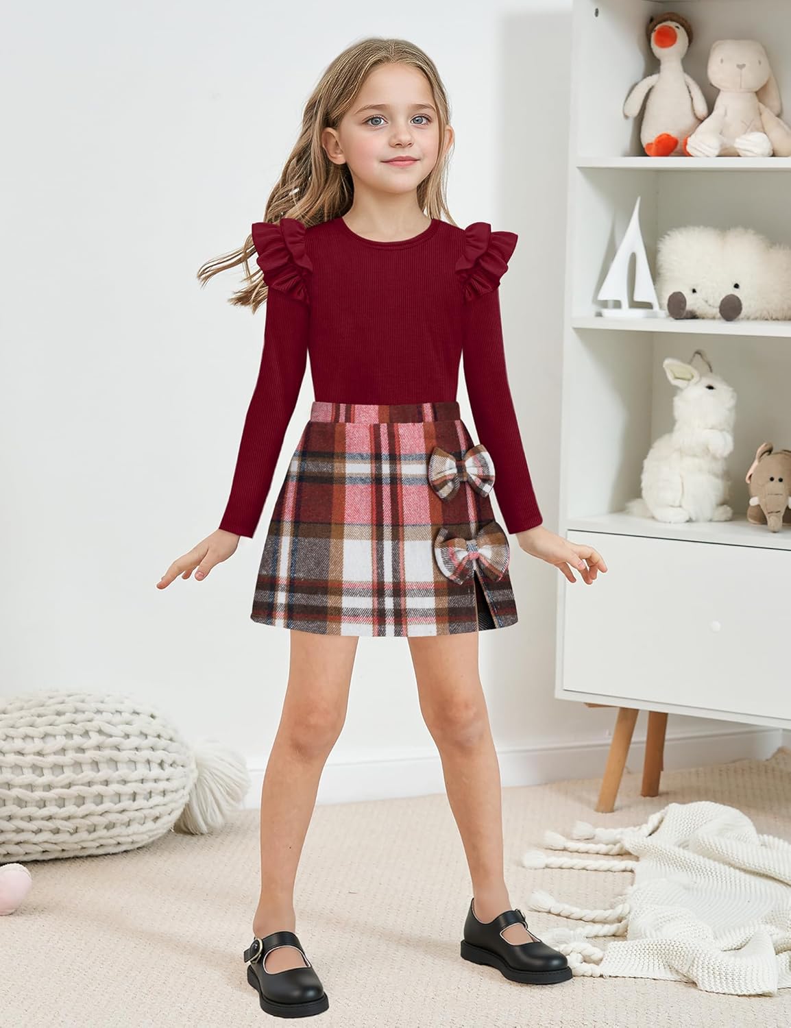 Girls Clothes Long Sleeve Ruffle Sleeve Top and Plaid Skirt Set Fall Winter Girls Outfits 5-12Y - Image 2