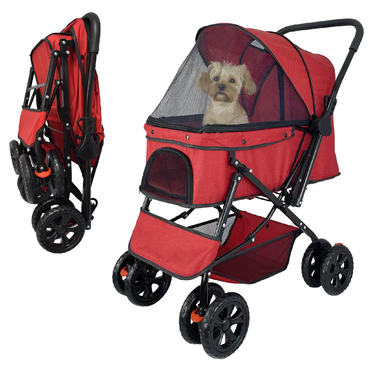 Reversible Handlebar Pet Stroller for Medium Dogs, Dog Stroller with 360 Rotating Front Wheel, Foot Brake, Wide Mesh Canopy, 2 Security Leashes, Cup Holder, and Storage Basket (Red)