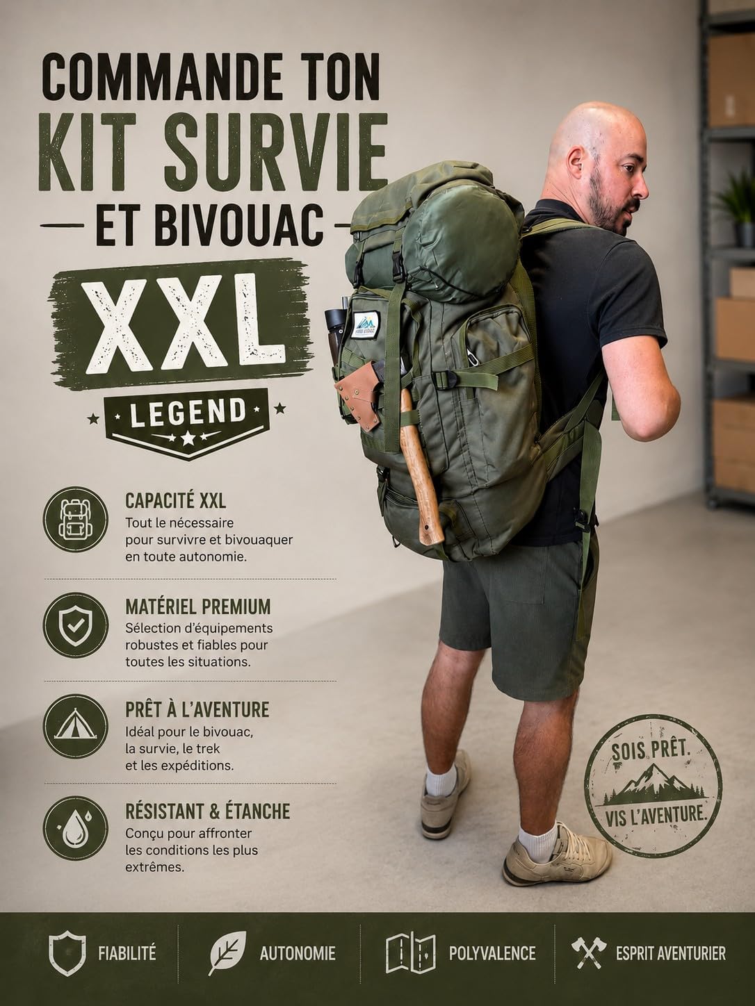 Kit de Survie XXL Sac à Dos et Bivouac Autonome | Équipement Multi-outils, Hamac avec Moustiquaire, Panneau Solaire Inclus, Trousse de Premiers Secours, Cuisine de Camping