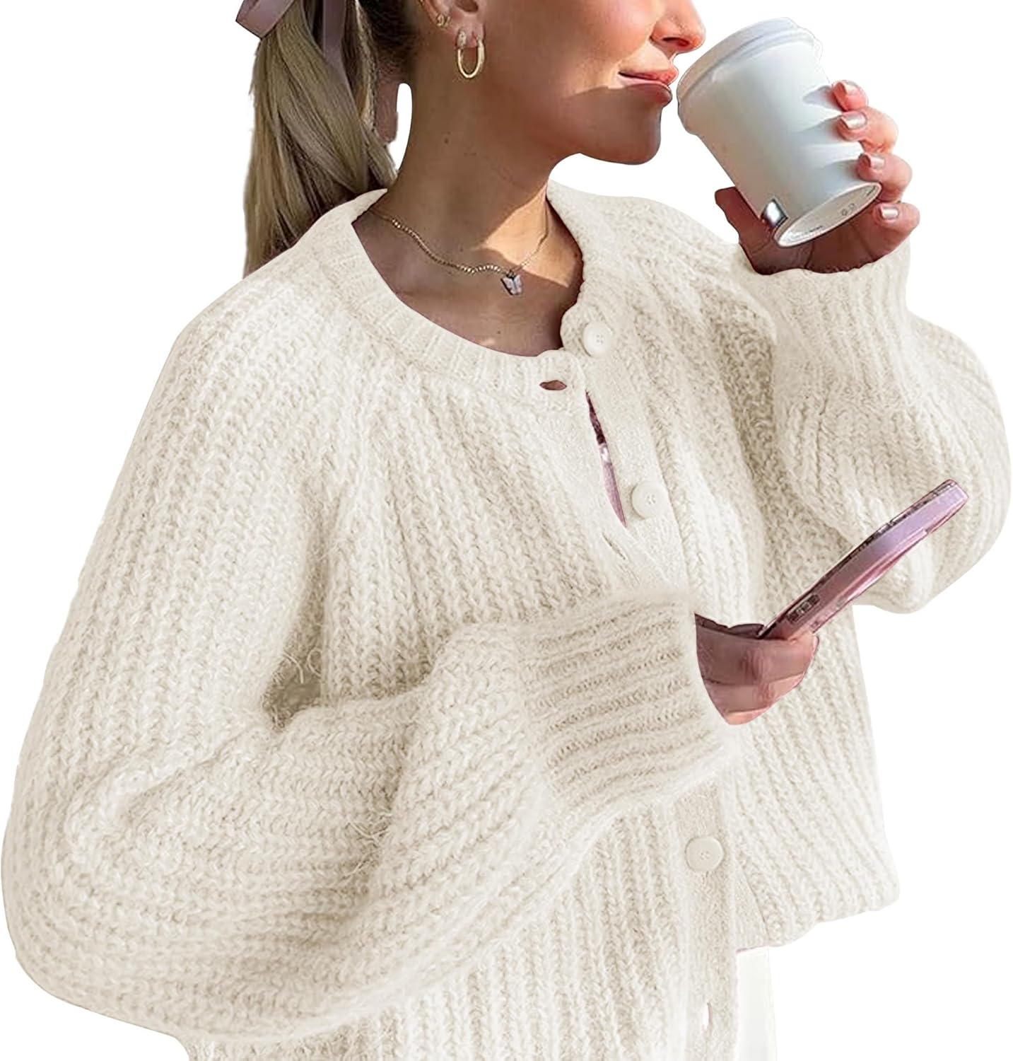 Crochet Cardigan Sweaters for Women Tops Chunky Knitted Crew Neck Long Sleeve Button Down Jackets Open Front Coat