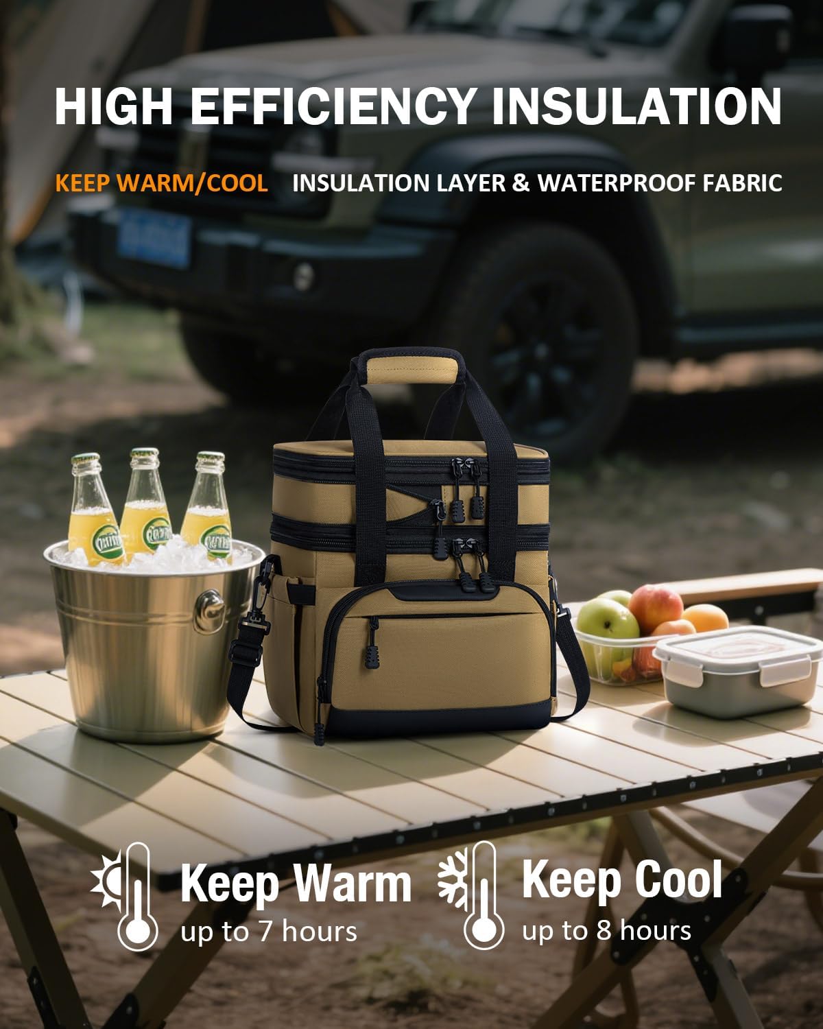 Large Lunch Box for Men/Women Dual-Compartment Insulated Lunch Bag,Adults Expandable Leakproof Cooler Bag Lunch Tote with Adjustable Shoulder Strap for Work Camping Picnic,Khaki 24-Can(14L) image 2