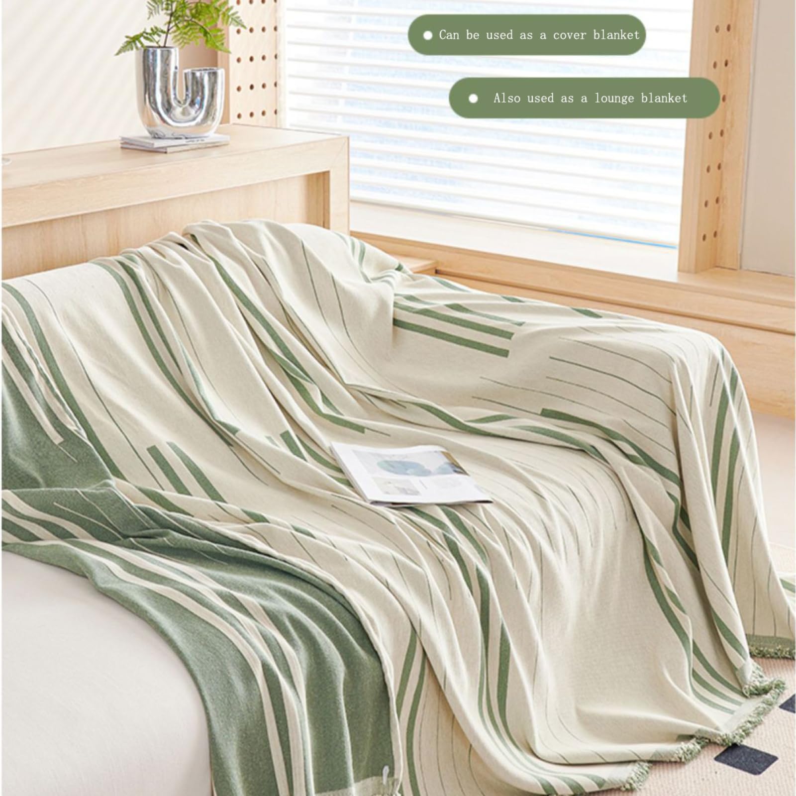 Plaid Jeté Pour Canapé 3 Places - Tissu Chenille Jacquard, Glands Décoratifs, 180x280 Cm - Beige - Décoration Salon