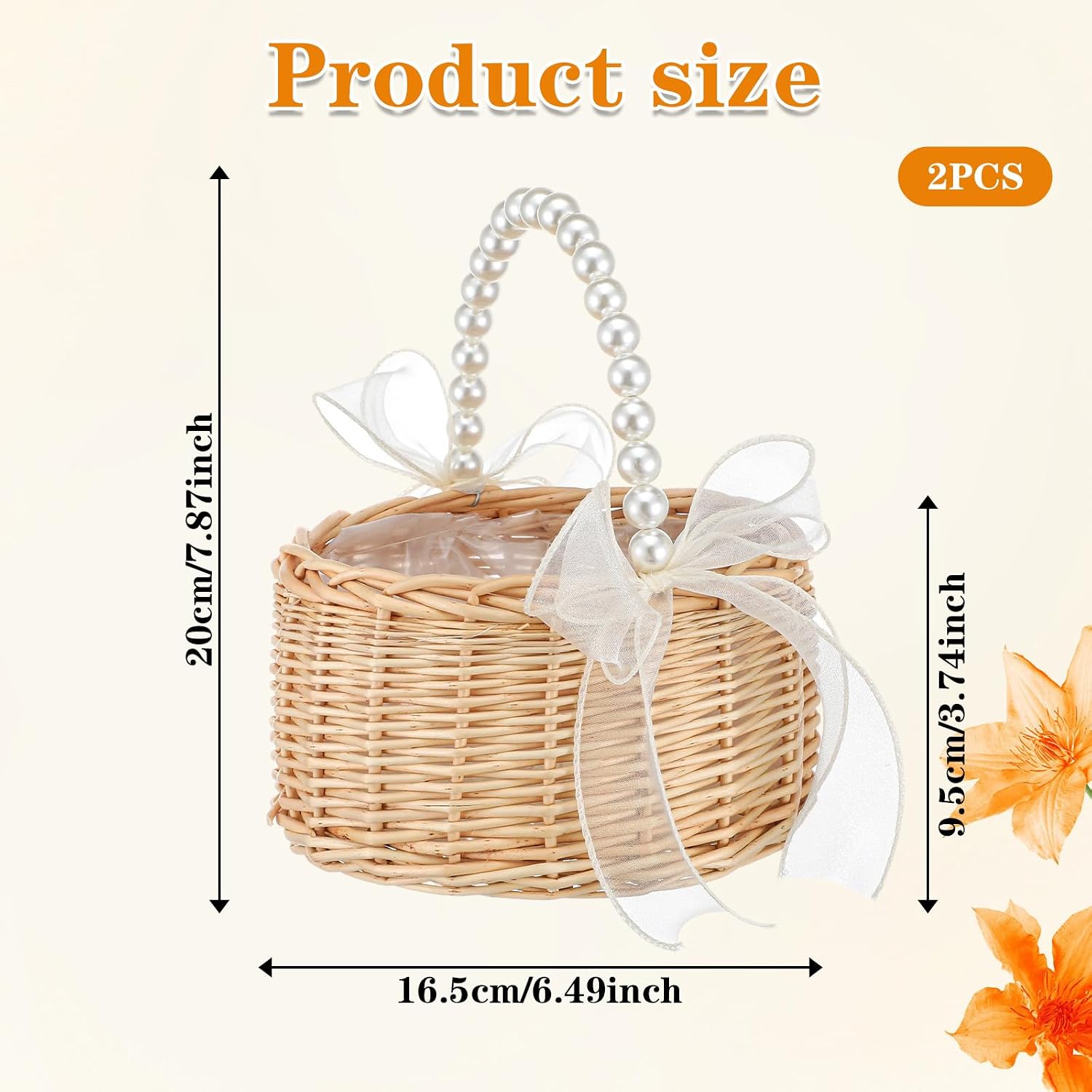 2 PCS Handwoven Flower Girl Basket Small Wicker Basket with Pearl Handle and Bow for Wedding Decor, Home, Picnic, Rustic Decoration (Brown)