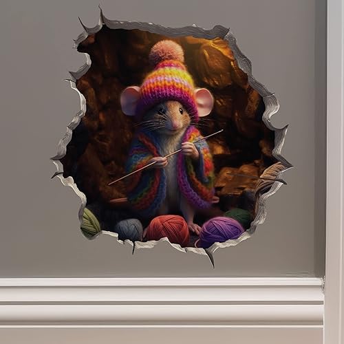 Calcomanía de ratón de ganchillo en agujero de ratón, adhesivo de pared 3D con agujero de ratón