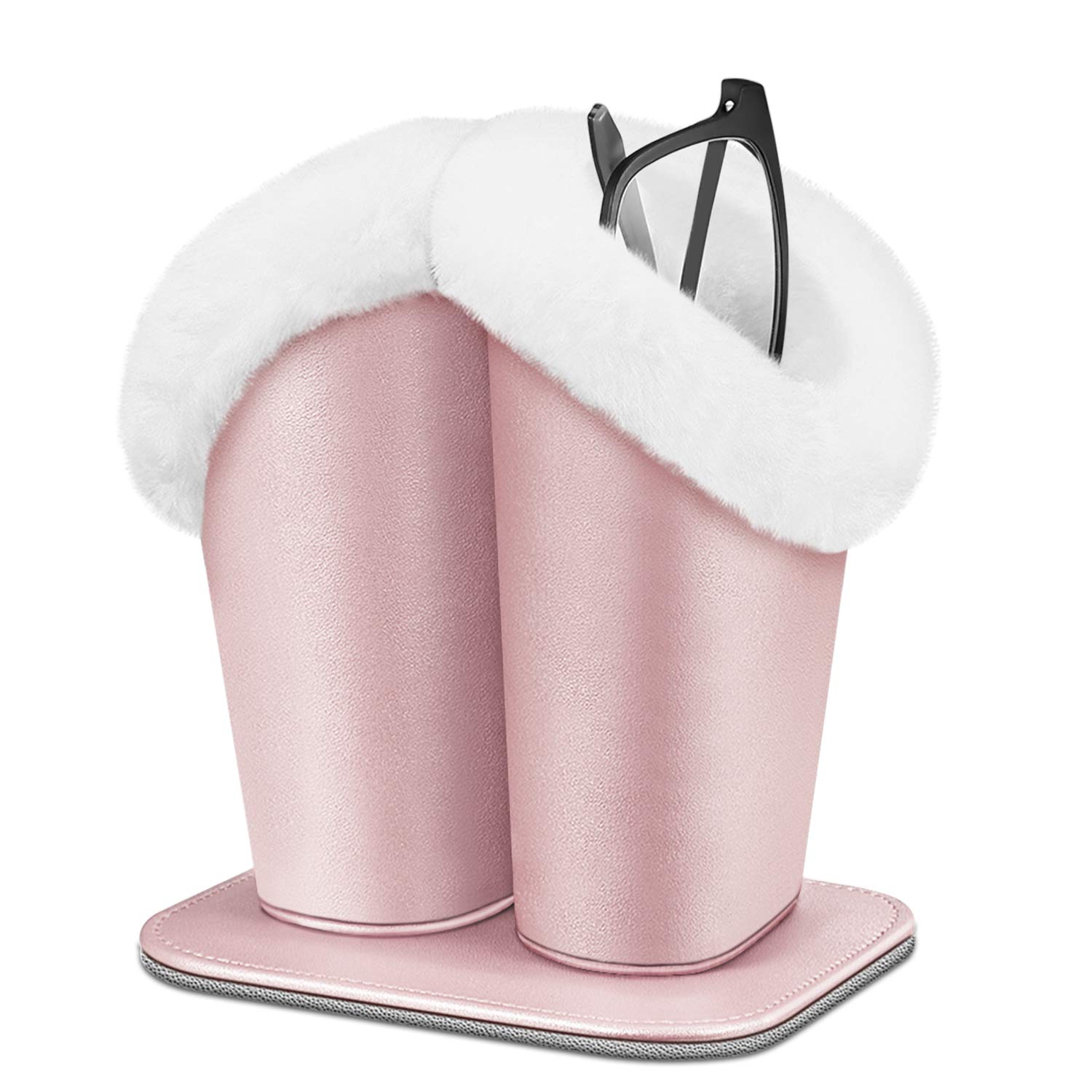 Fintie Plush Lined Double Eyeglasses Holder with Magnetic Base, Glasses Stand Case Organizer for Desk, Nightstand, Office, Rose Gold, Medium
