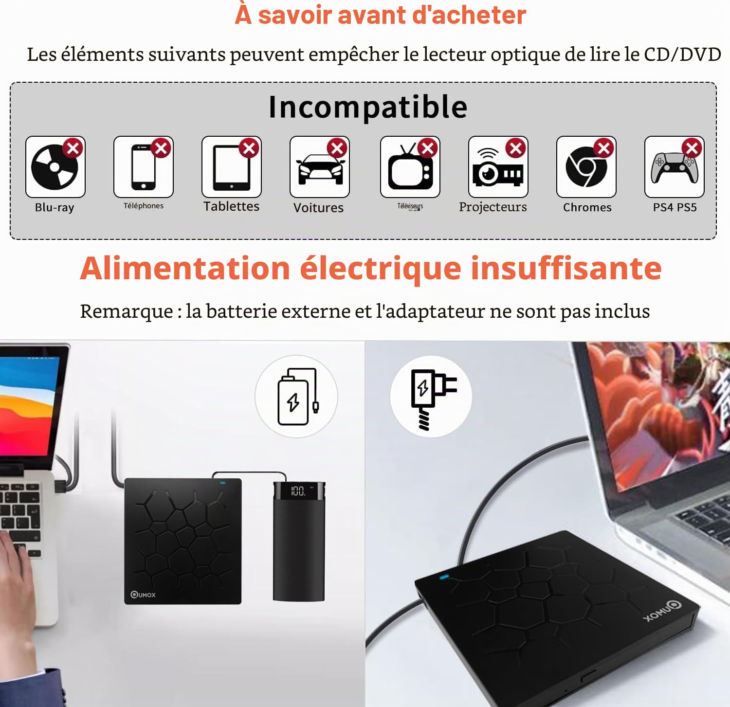 QUMOX Graveur externe DVD/CD USB 3.0, lecteur CD/DVD avec 4 ports USB et lecteur de carte TF/SD, compatible Windows/Mac/Linux