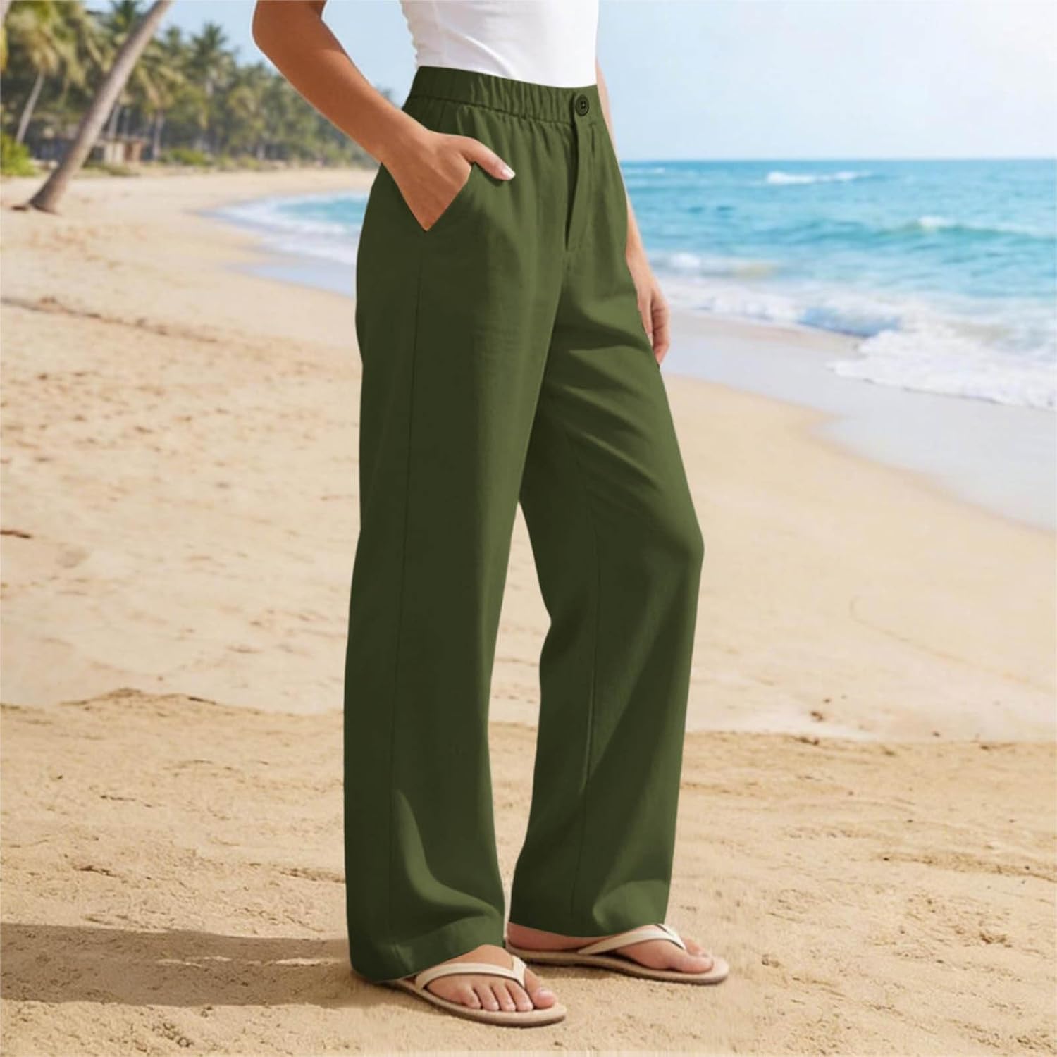 Women's Wide Leg Pants Casual Elastic Waisted Slack Straight Leg Dressy Pant Button Solid Trousers with Pocket