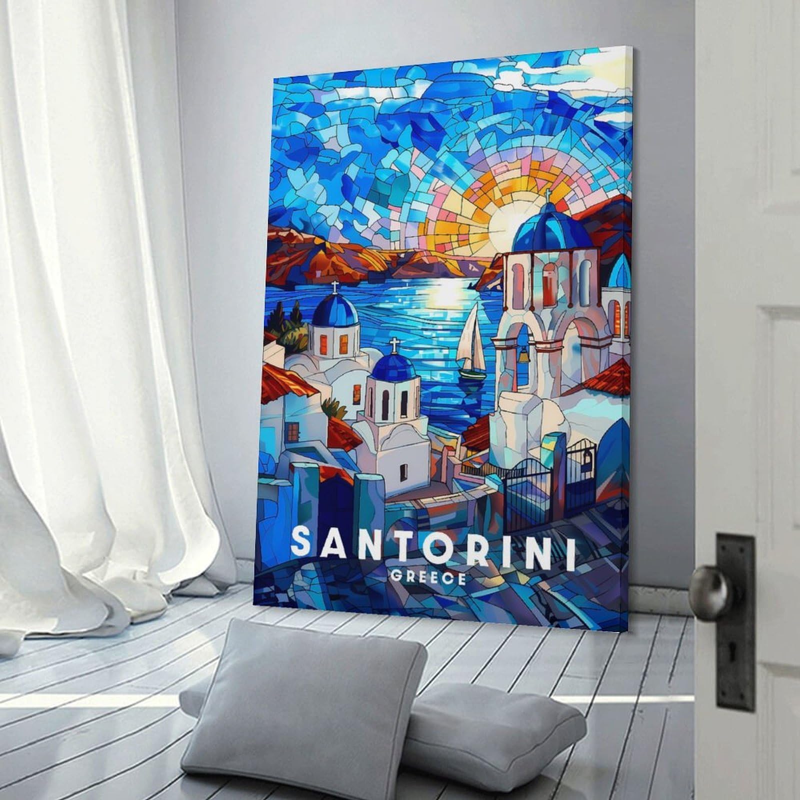 Junmoney Santorini Decorative Wall Artwork 24x36inch(60x90cm), for Entrance Spaces, Stair Walls Or Halls, A Stylish Accent for Home Entrances