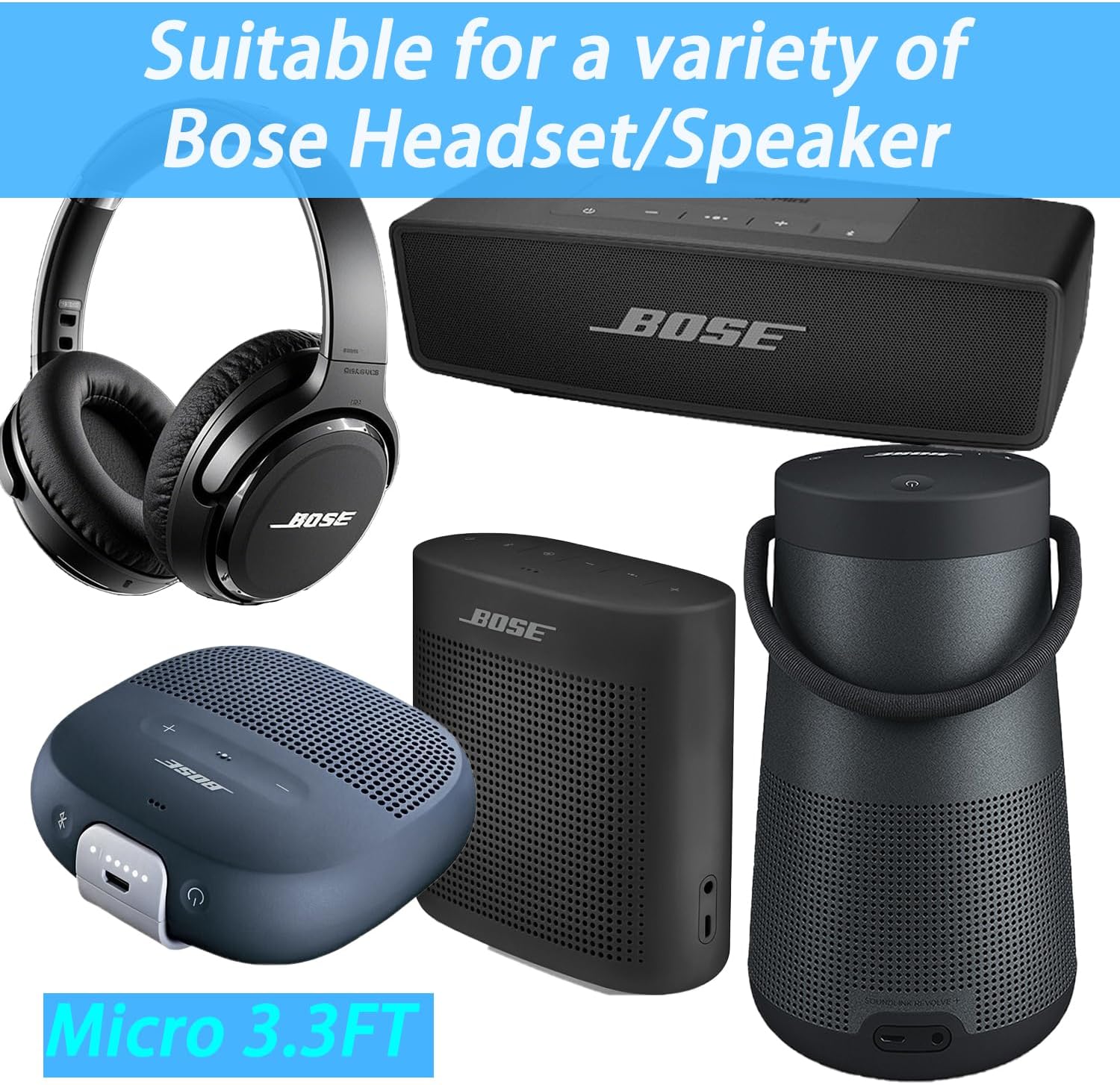 Bose SoundLink Charger Micro USB for Bose SoundLink Color ii/2, SoundLink Mini ii/2, SoundLink Micro, Revolve/Plus Bluetooth Speaker Compatible with QuietComfort 35 i/ii Charger Cable Cord (3.3FT) - Image 3