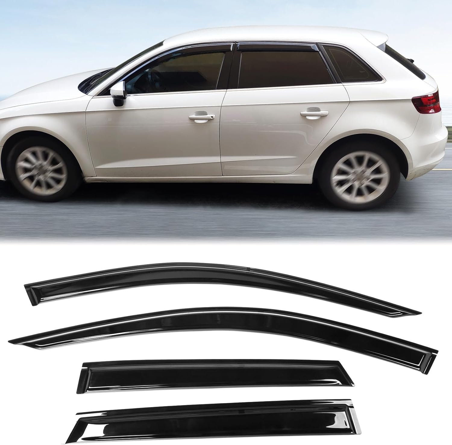 FREEMOTOR802® Tape-on Side Window Visors Wind Deflectors Rain Guards Vent Visors, Compatible with 2013-2019 Audi A3 S3 RS3 Hatchback, Slim Style Smoke Tinted Acrylic 4 Pieces