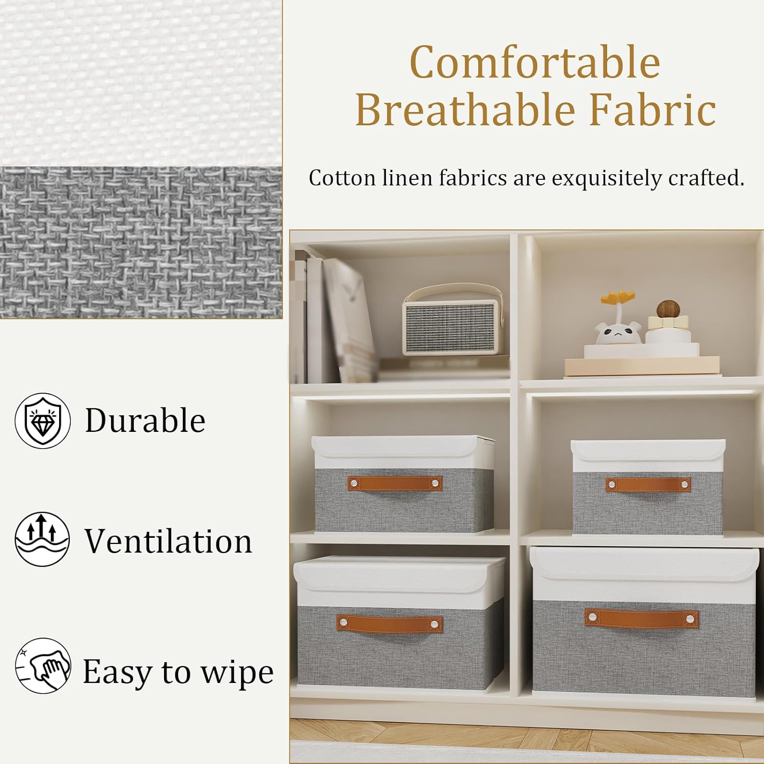 OUTBROS Fabric Storage Bins Cube Organizers with Flip-Top Lid and Handles,Storage Boxes for Organizing Home,Office,and Closet,White/Grey,5 Pack 10.2 x 7.9 x 6.7 in