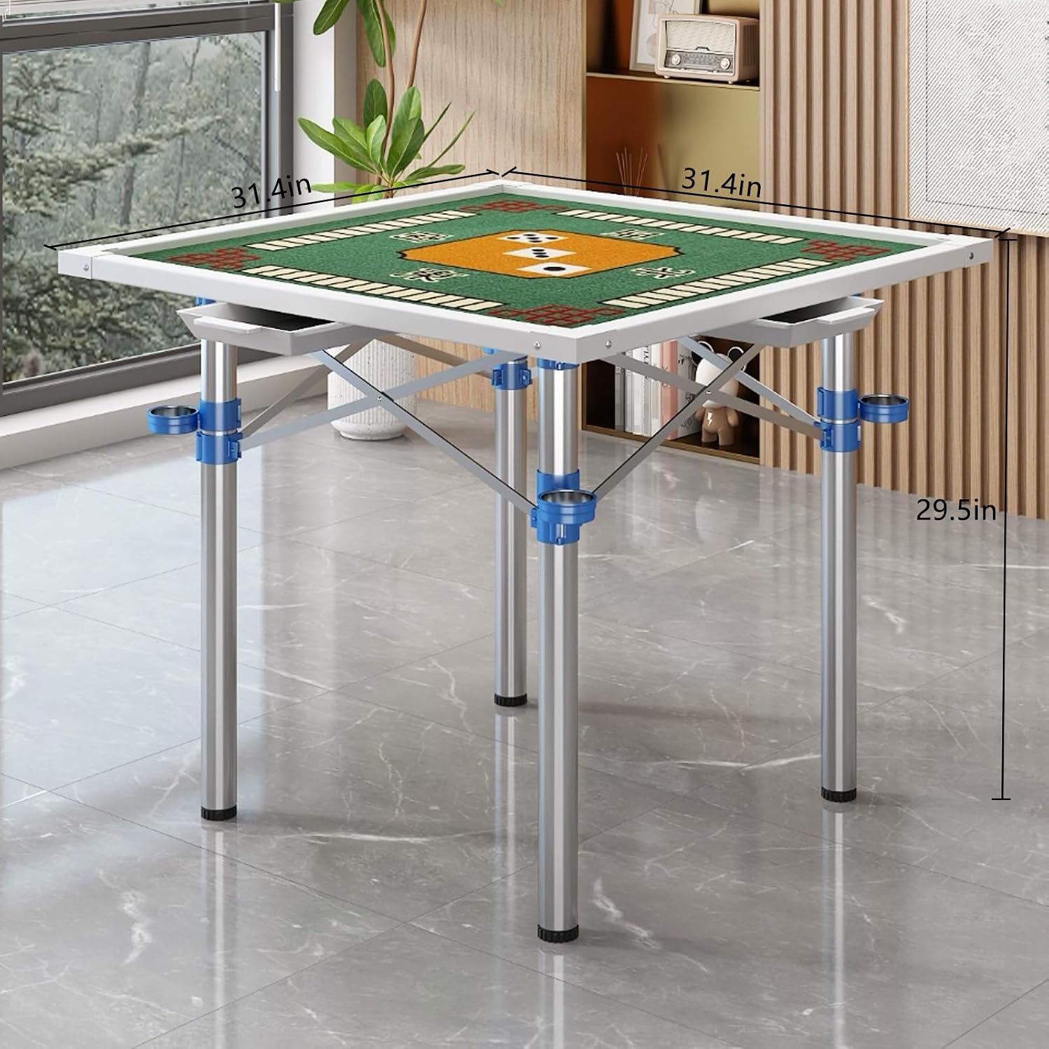 Folding Mahjong Table,31" Foldable Table with Green Playing Surface and Drawer,Portable Majong for Mahjong,Domino,Poker,Card Game(Size:31.4 * 31.4 29.5in,Color:B)