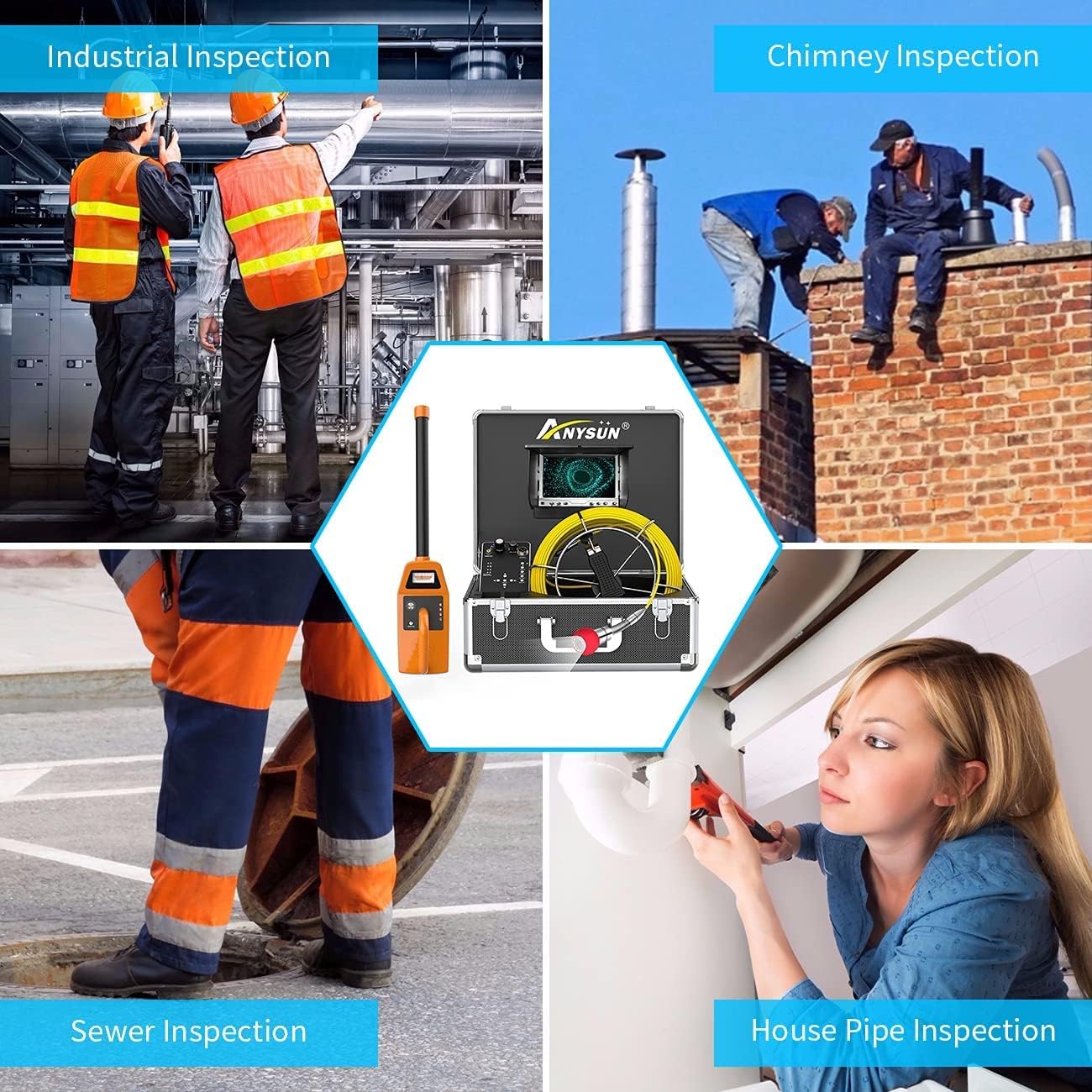 Anysun 100ft Pipe Video Inspection Camera with 512Hz Sonde and Receiver, Waterproof Drain Plumbing Camera Snake with 7' LCD Monitor DVR Recorder (8GB SD Card Included)
