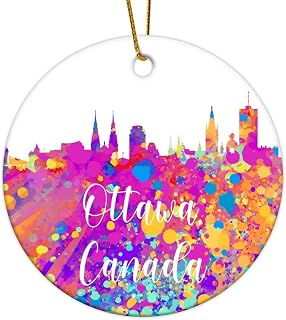Canada Ottawa Watercolor Skyline Christmas Ornaments City Silhouette Round Porcelain Ornament Christmas Tree Decorations for Cities Landscape Travel Vacation Souvenir Keepsake Gift