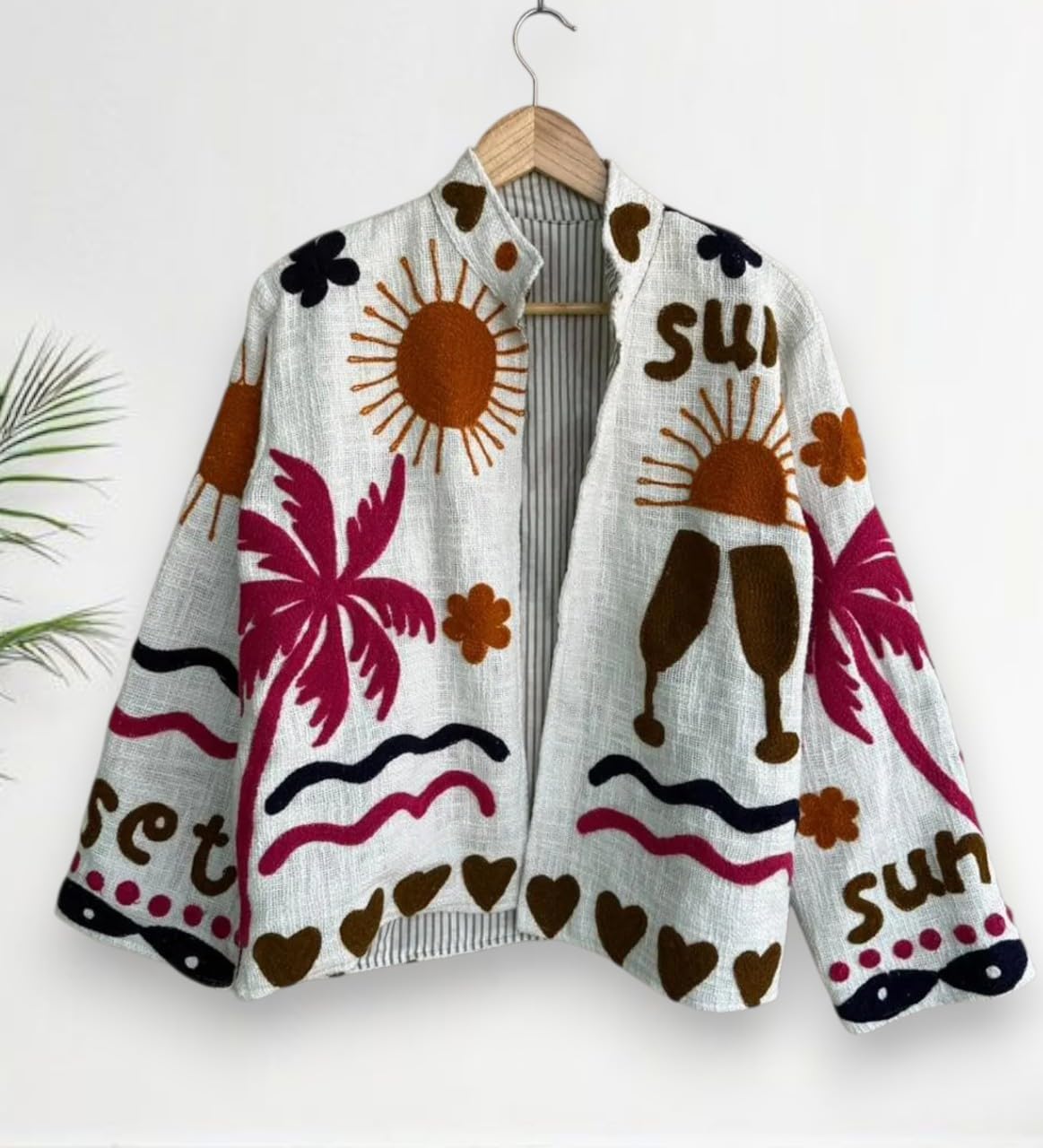 Embroidered Knit Cardigan with Sun Palm Tree Wine Glass Print, White with Brown Pink Embroidery, Collared, Cotton, One Size