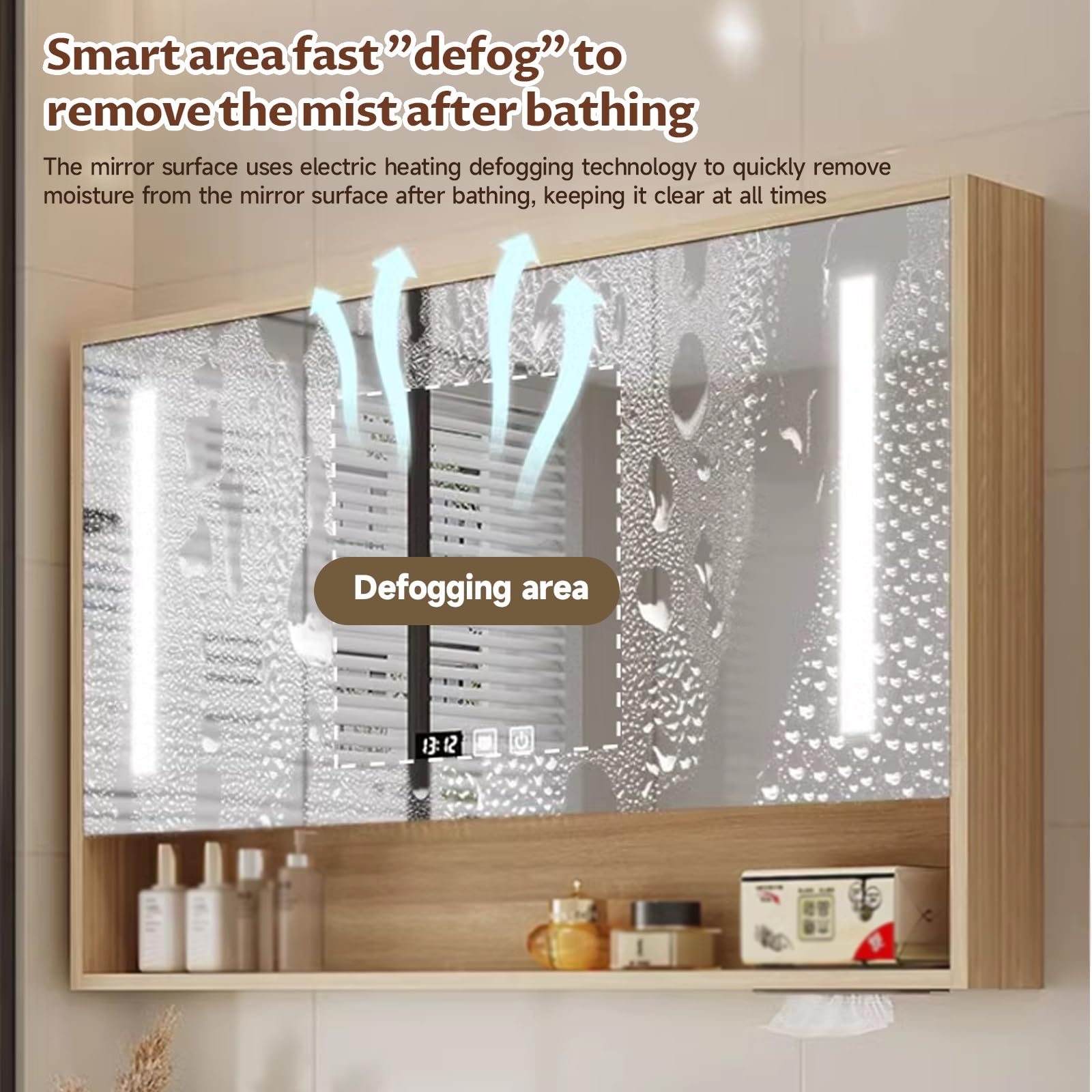 Mueble con Espejo de baño, Durable y silencioso/Orificio de Tejido humanizado/Accesorios de Hardware/Almacenamiento Dividido/Iluminación Suave(Wood,60cm/23.6in)