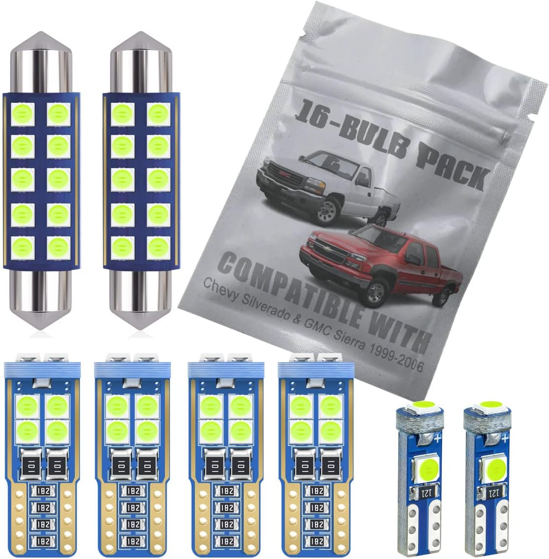 EBAIFUN 14-pc Ice Blue LED Interior Light Kit Compatible with Chevrolet Chevy Silverado and GMC Sierra 1999 2000 2001 2002 2003 2004 2005 2006 Map Dome Trunk License Plate Light Bulb Replacement