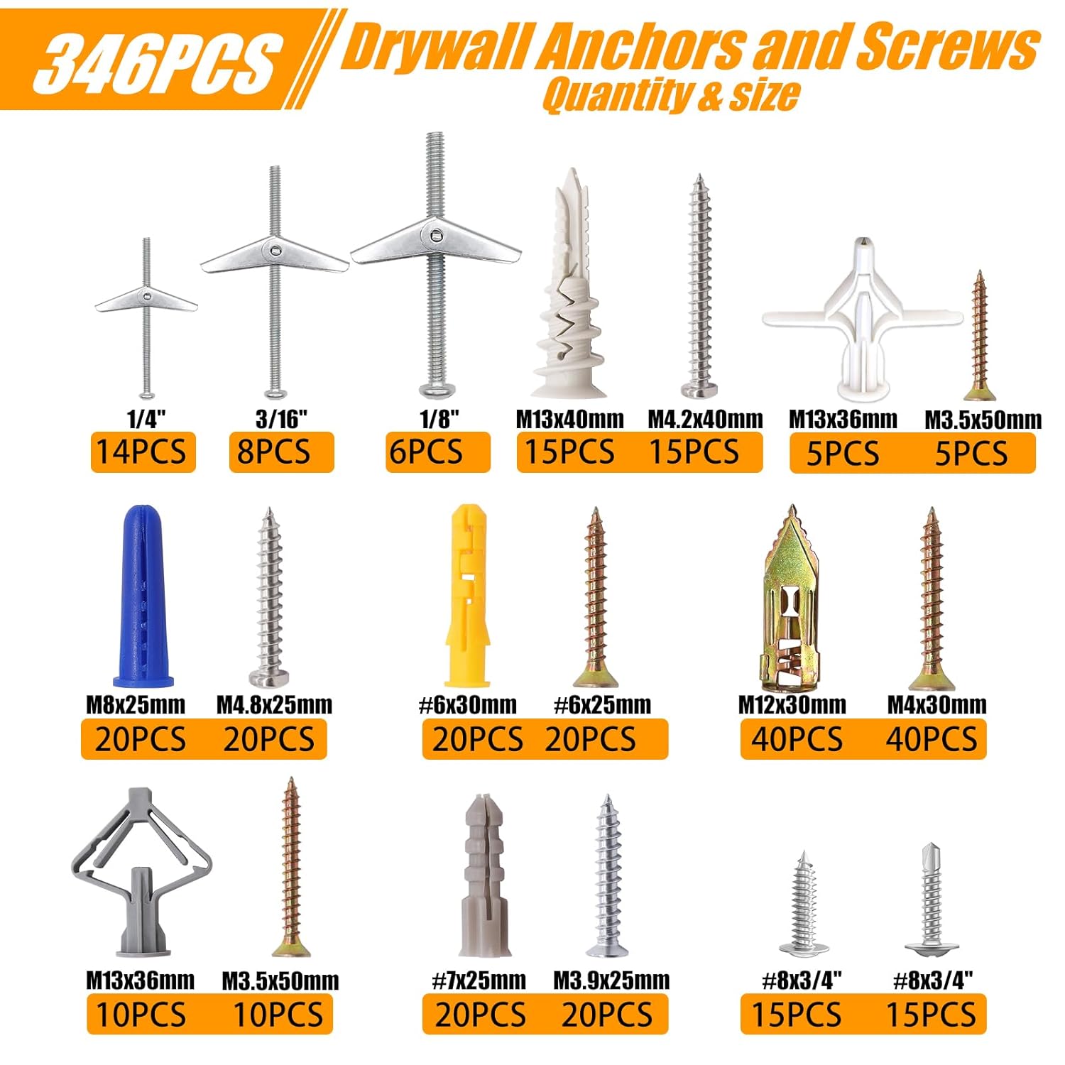weideer 346PCS 11Sizes Drywall Anchors and Screws Assortment Kit,Toggle Bolts and Wing Nut Kit,Plastic Dry Wall Anchors with Wood Screws Handheld Box (1/4" 3/16" 1/8" #6#7#8 M8 M12 M13)