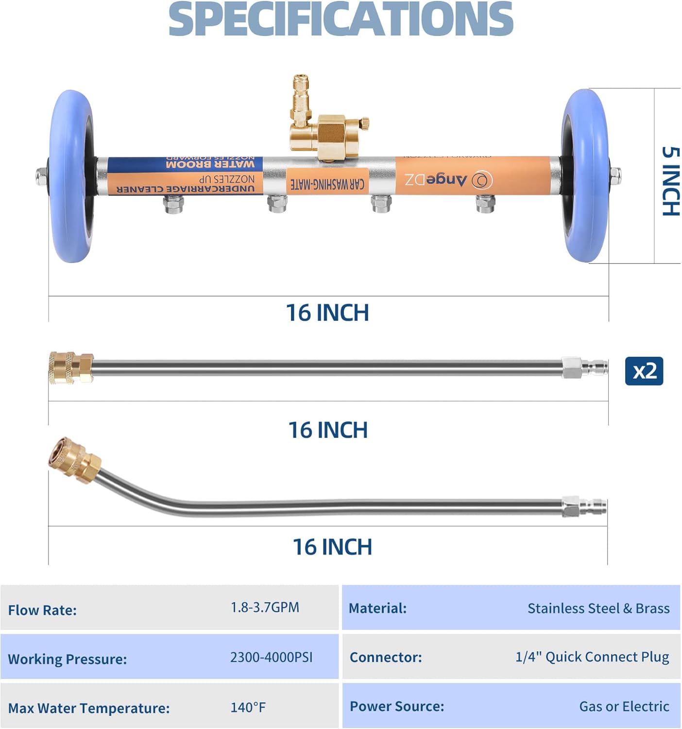 Undercarriage Pressure Washer Attachment, 16" Water Broom, Power Washer Accessories with 4 Nozzles, 3 Extension Wands, QC Anti-Fog Goggles, 4000PSI