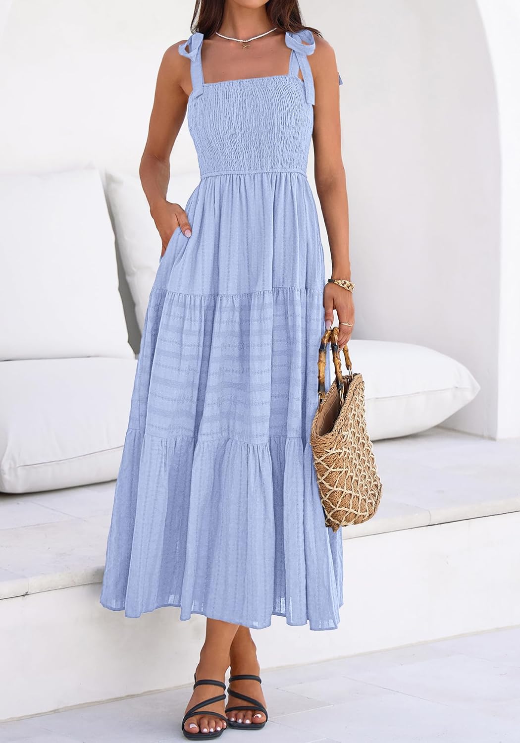 BTFBM Women's 2026 Spring Boho Spaghetti Strap Dress Casual Sleeveless Smocked A Line Beach Sundress Long Maxi Dresses - Image 4