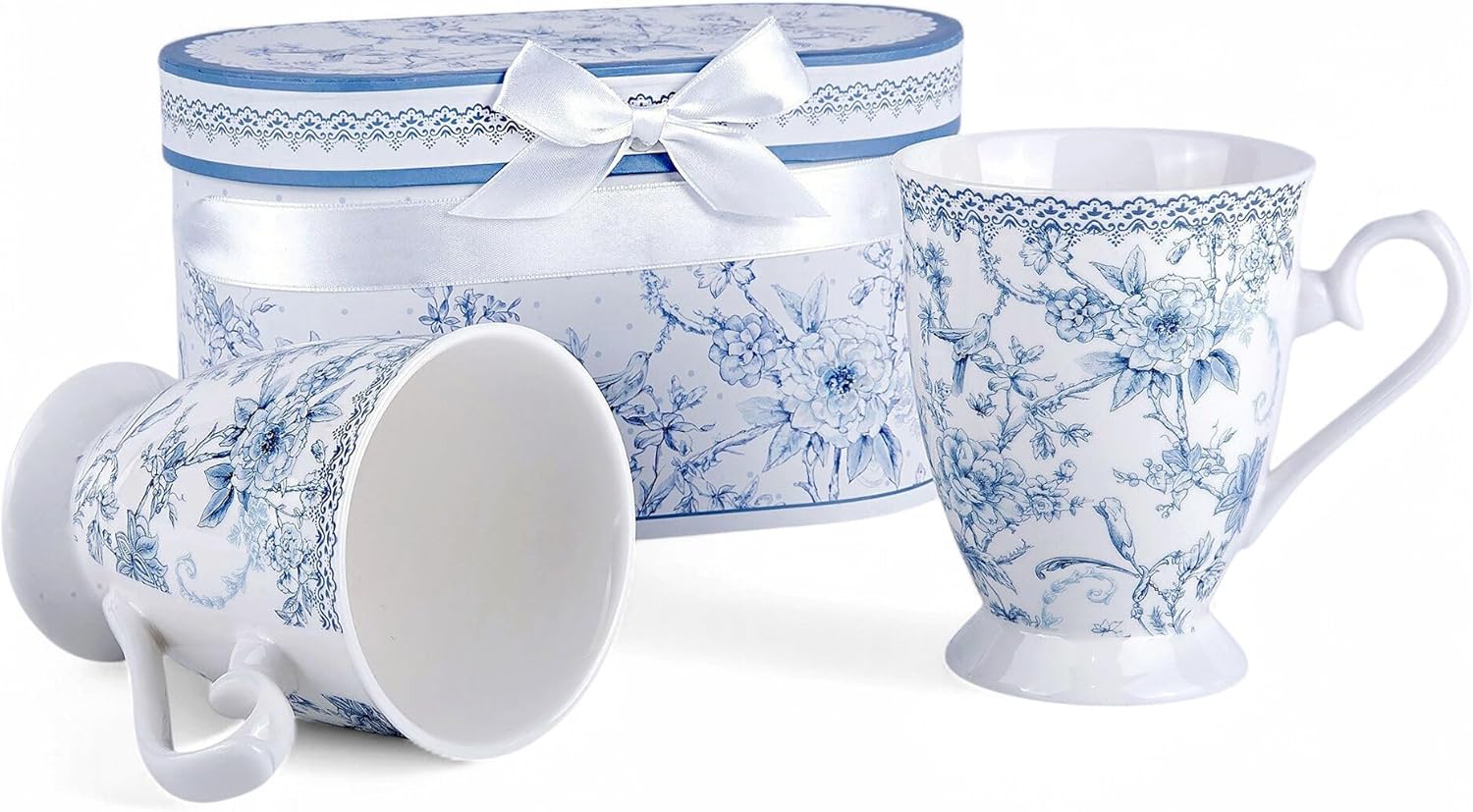 STP GOODS Blue Flowers Bone China Tea/Coffee Mug Set of 2 in Gift Box