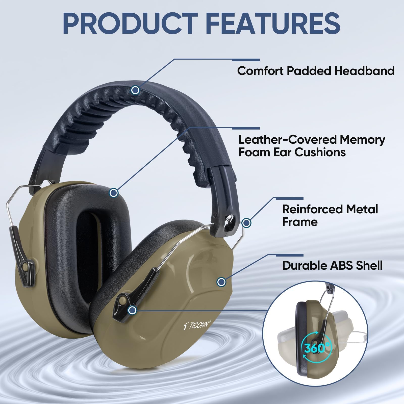 TICONN Noise Cancelling Ear Muffs for Adults, SNR 33dB Hearing Protection, Adjustable Safety Earmuffs for hunting, Construction (FDE) view 4