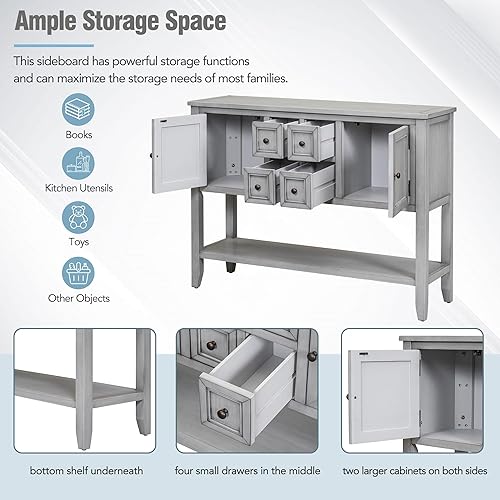 Miniatura 6 de Knocbel Mesa consola vintage de madera con 4 cajones de almacenamiento, 2 armarios y estante inferior, entrada, pasillo, mesa de vestíbulo, armario