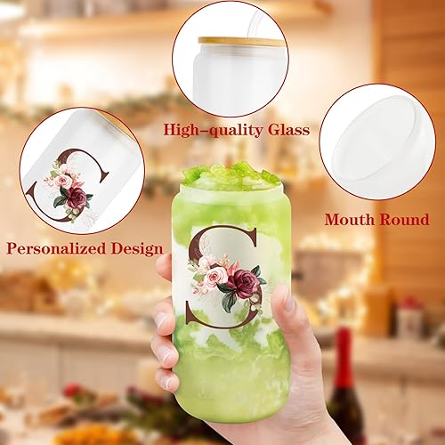 Miniatura 5 de Taza de vidrio inicial  Regalos de cumpleaños para mujeres  Tazas de vidrio de 16 onzas con tapas y pajitas, vaso de vidrio con monograma, taza de