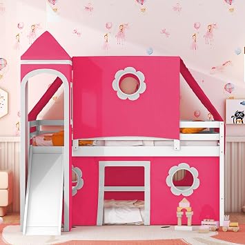 Virubi Twin Floor Castle Bed with Slide,Tower and Tent, Solid Wood Playhouse House Loft Princess Bed with Ladders,Guardrails Pink,Twin