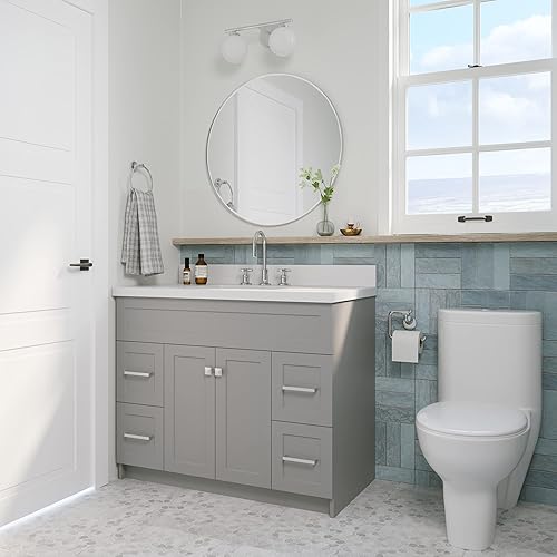 Miniatura 2 de ARIEL Tocador de baño gris de 43 pulgadas, encimera y salpicaduras de cuarzo blanco puro con borde de 1.5 pulgadas, fregadero rectangular, 2 puertas