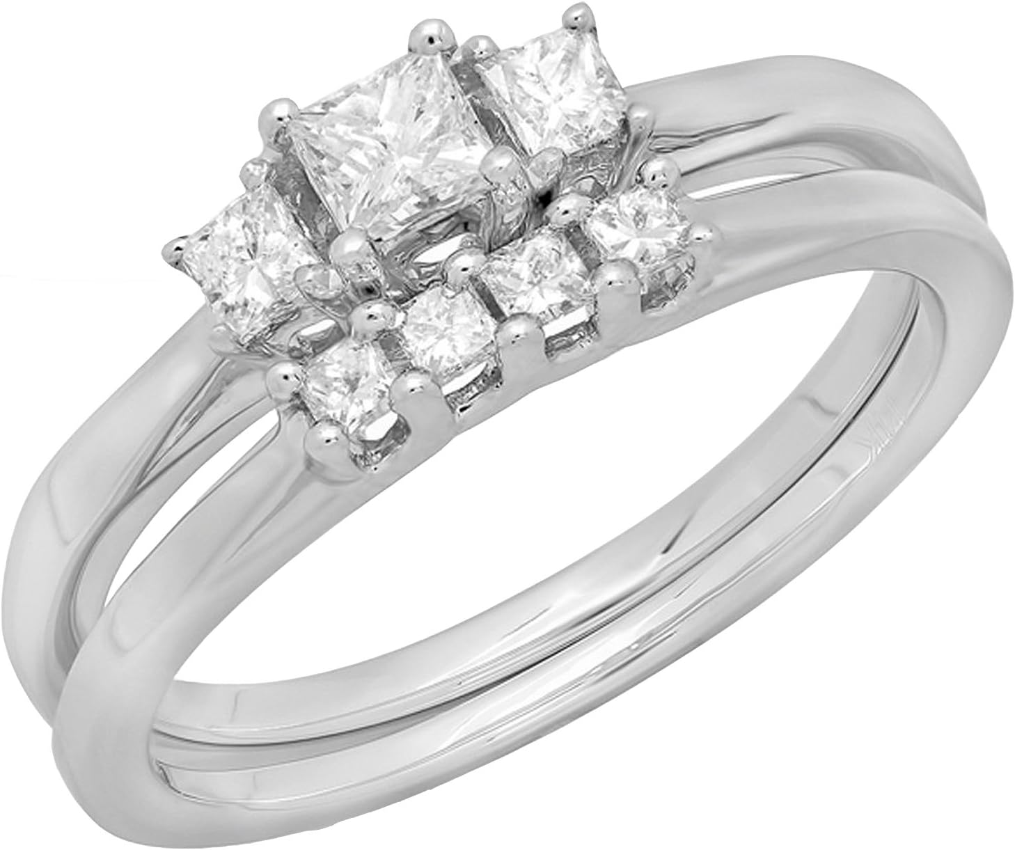 Dazzlingrock Collection 0.50 Ctw Princess Cut Natural Diamond 3 Stone Bridal Engagement Wedding Ring Set, 14K White Real Solid Gold