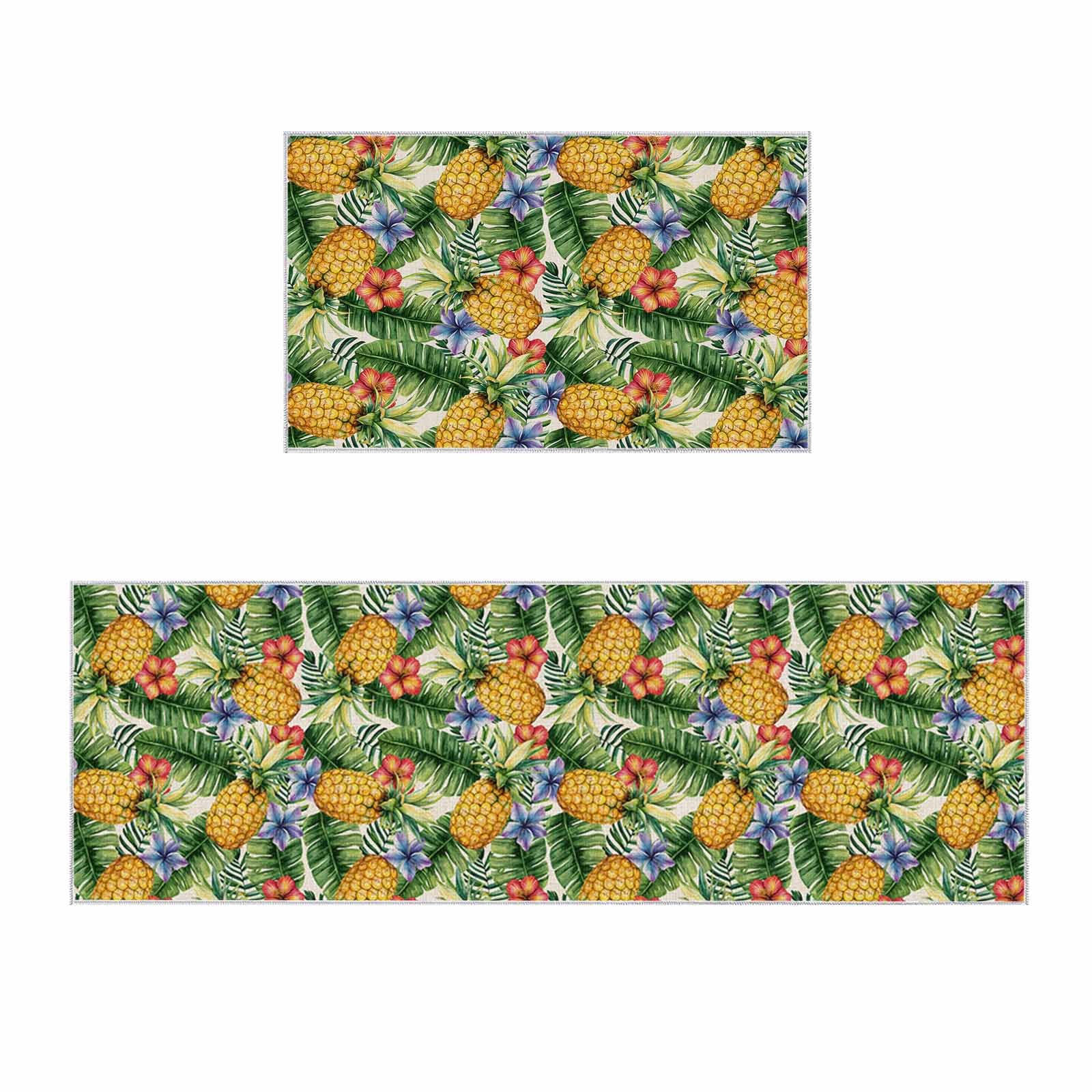 2 Pieces Kitchen Rugs and Mats,Seamless Pineapple Flower Leaf Area Runner Rug Set Non Slip Floor Doormat Washable Carpet Standing Mat for Kitchen Sink Indoor Corridor,Summer Tropical Fruit Plant