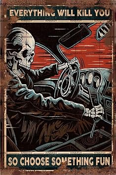 Creative Tin Sign Skeleton Auto Racing Funny Wall Art Metal Sign Vintage Car Decor Poster Skull Decor Tin Sign for Home Gate Garden Bars Restaurants Cafes Office Store Pubs Club Sign Gift 8x12 Inch