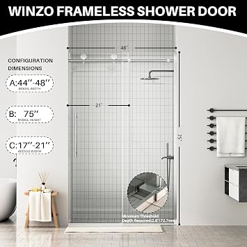 WinZo Frameless Sliding Glass Shower Door 44-48 W x 75 H, Brushed Nickel
