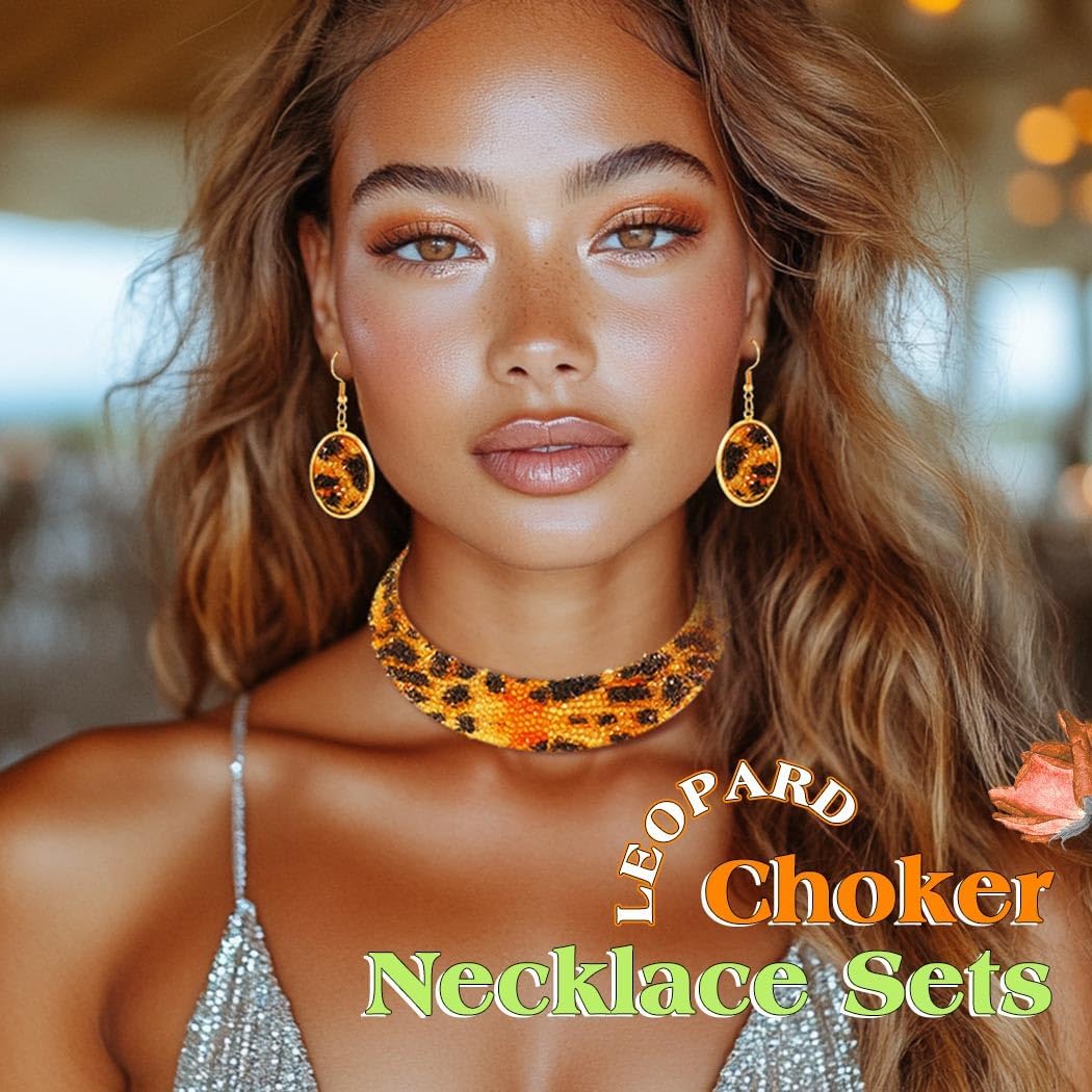 JEAIRTS Leopard African Necklace Earring Sets Gold Chunky Choker Statement Leopard Jewelry Sets for Women - Image 5