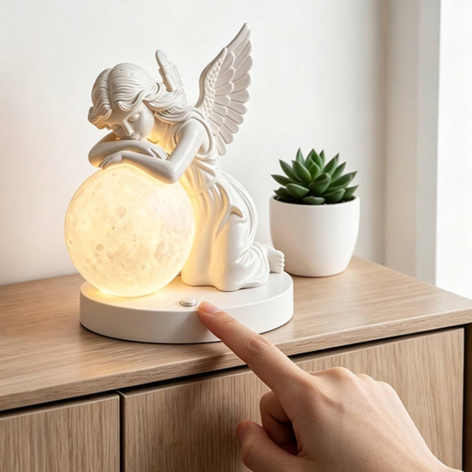 Colcolo Lampada da Comodino Notturna Angelo Luce Notturna Lampada da Tavolo Luce d'Atmosfera in Resina con Finitura Bianca E Globo Sferico Caldo Adatta per