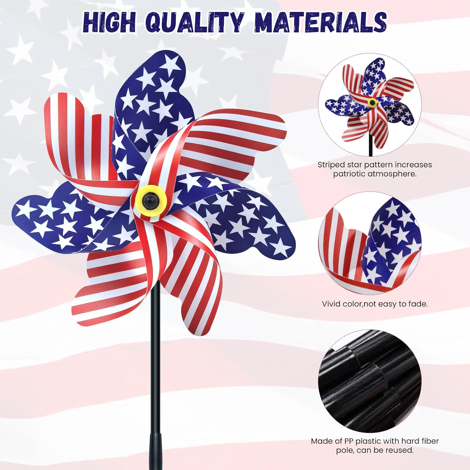 12 Pack Patriotic Pinwheels 20.8”H x 6.8”W Pre-Installed American Wind Spinner with Stake for Memorial Day July of 4th Independence Day Parade Garden Decorations - Image 5