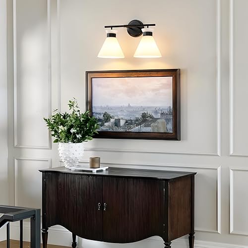 Miniatura 5 de WOSHITU Lámparas negras para tocador de baño accesorios de iluminación de baño sobre espejo de 17.3 pulgadas con vidrio esmerilado blanco lechoso, 2