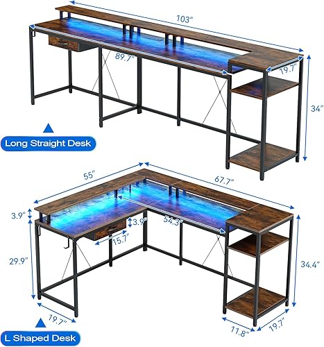 Miniatura 3 de Jojoka Escritorio para juegos en forma de L, escritorio de computadora de 68 pulgadas con tomas de corriente y luces LED, mesa de oficina en casa