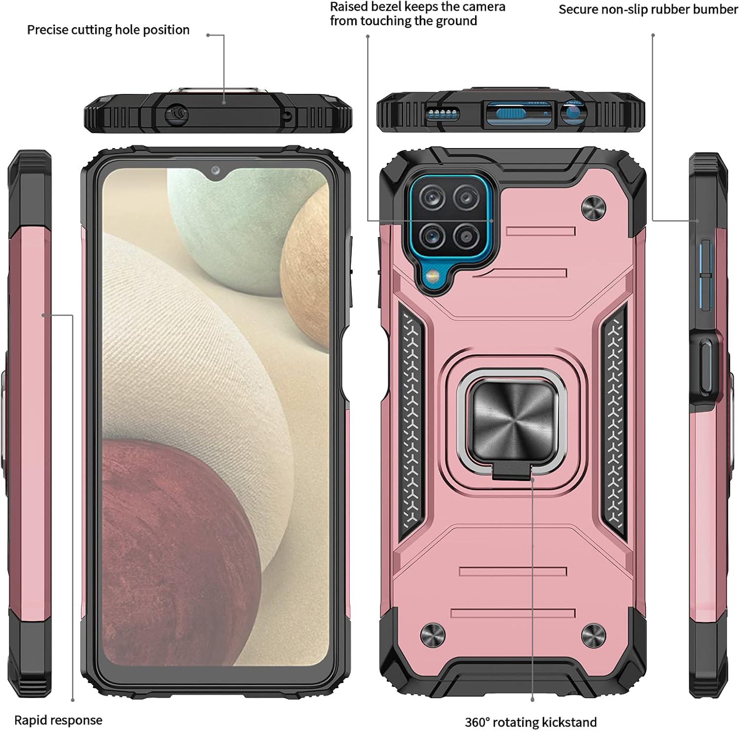 LeYi for Galaxy A12 Case, Samsung A12 Case with Tempered Glass Screen Protector (2PCS), [Military-Grade] Phone Cover Case with Ring Holder Kickstand for Samsung Galaxy A12, Rose Gold
