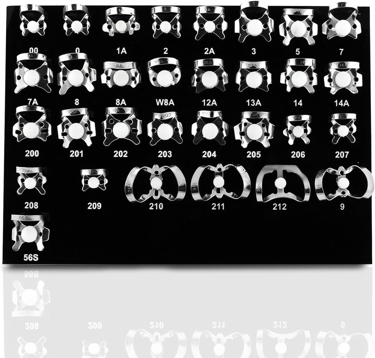 31-Pcs Endodontic Rubber Dam Clamp Set with Black Tray | Stainless Steel Assorted Sizes 26N,10,W0,212L,212R,W8A,212SA,W1,W7,2,12,9,2A,1,1A,14T,7A,11,7,W4,2AT,0,27N,1T,60,56S,13,8AD,6,2T,W3