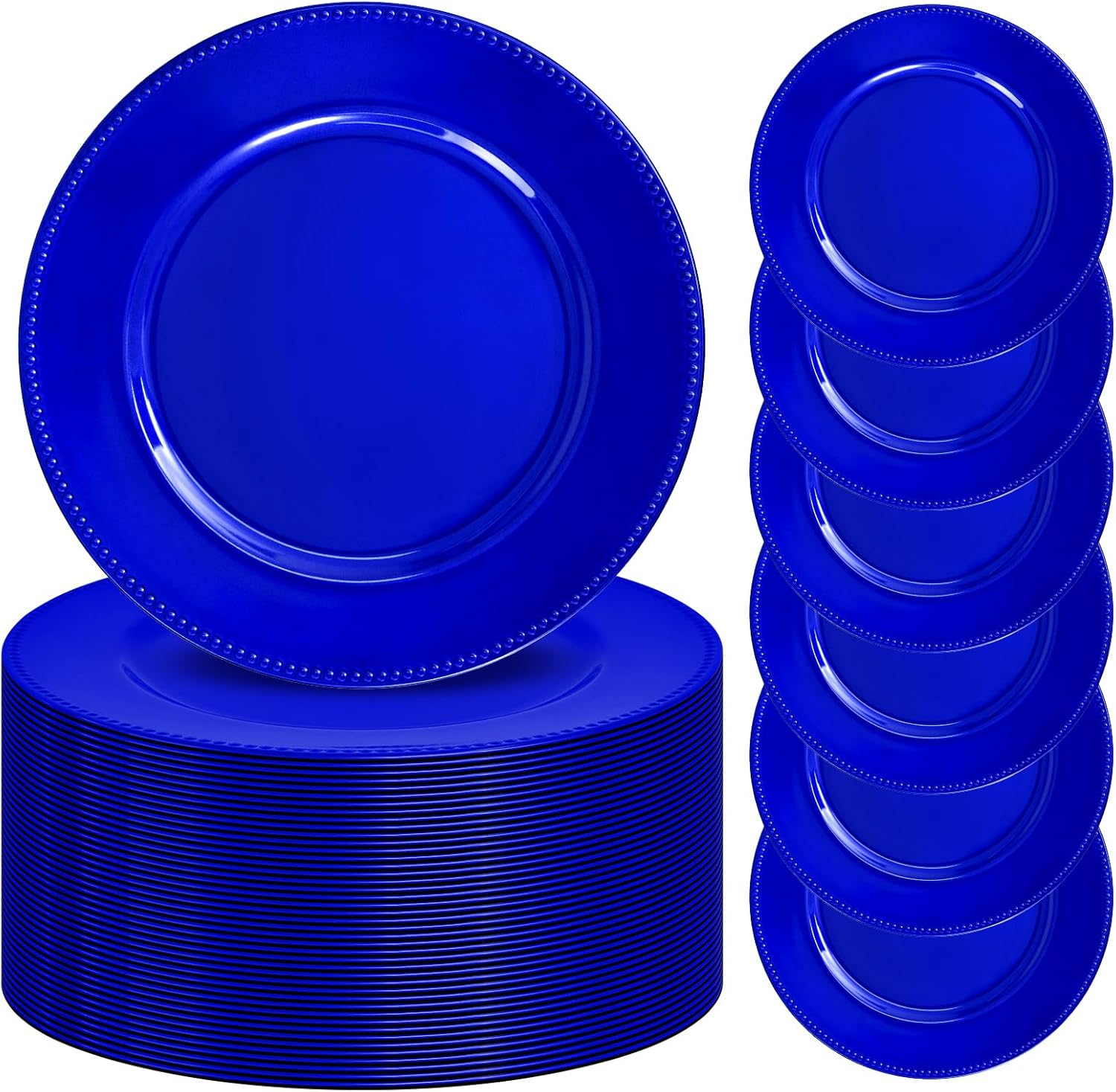 Photo 1 of 50 Pack Charger Plates 13" Plastic Round Charger Plates Dinner Plate With Beaded for Wedding Table Dinner Kitchen Catering Event Party Decoration (Royal Blue) 